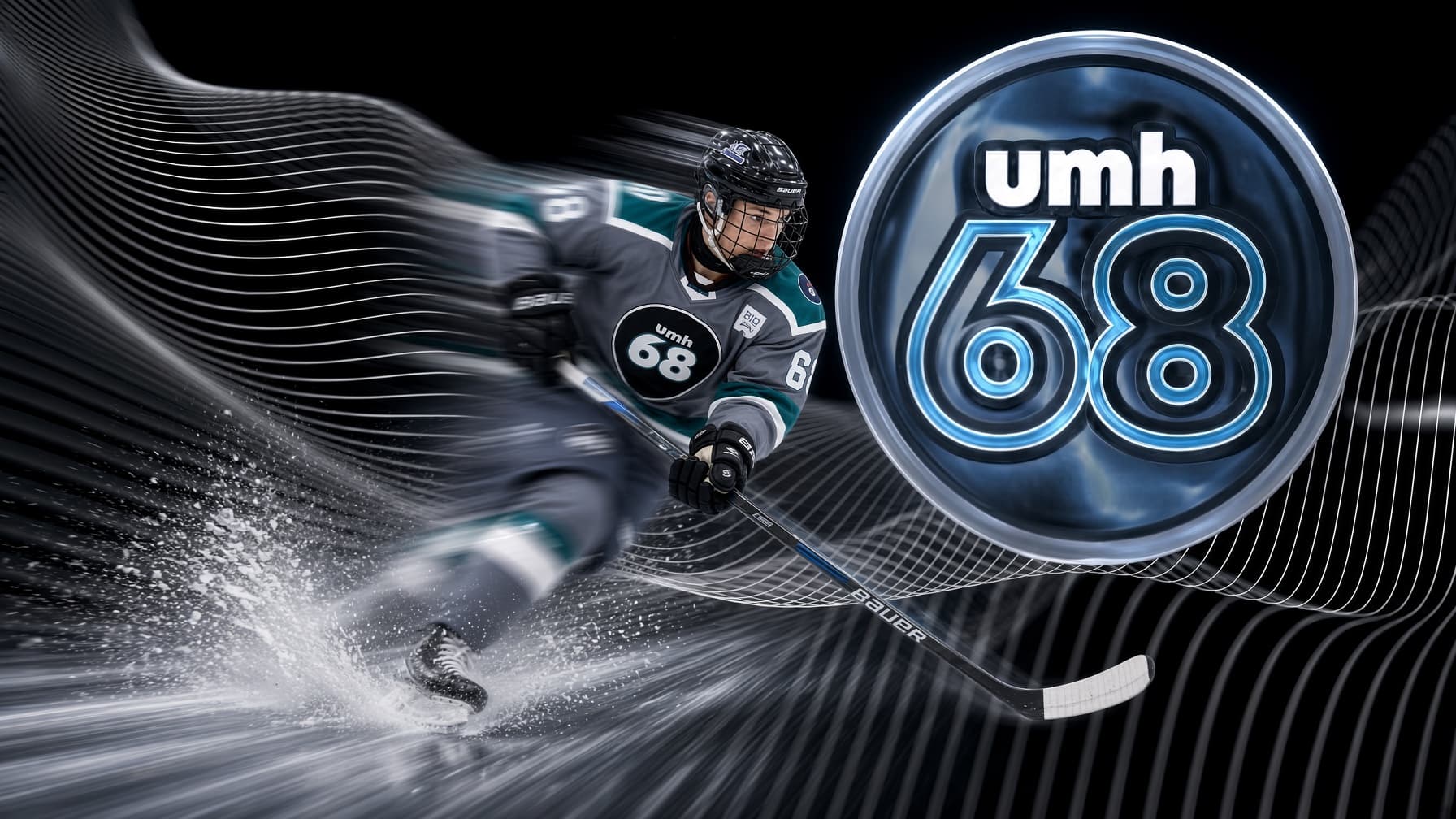 Hockey player in grey and teal beside the UMH-68 badge