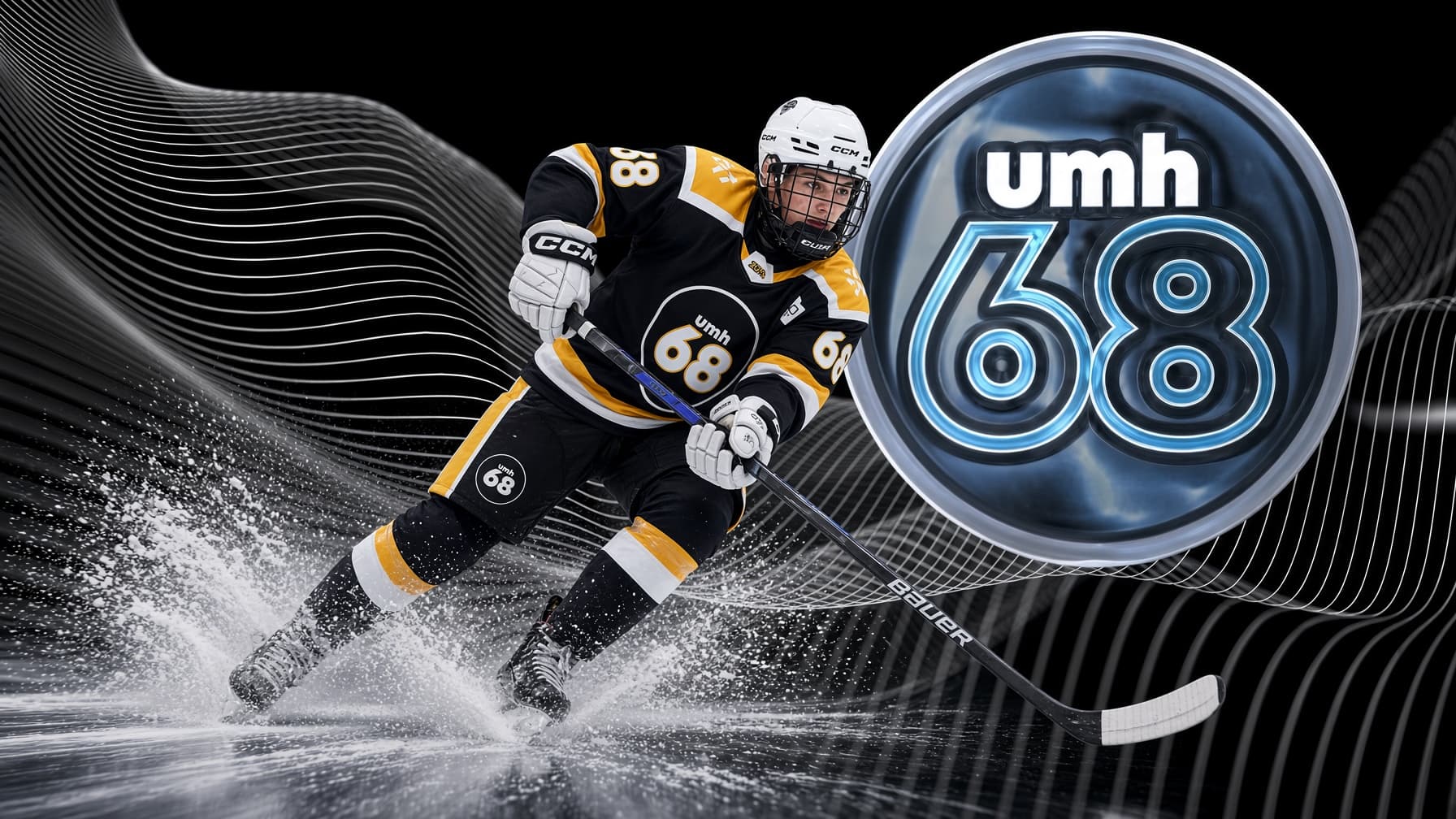 Hockey player in black and gold beside the UMH-68 badge