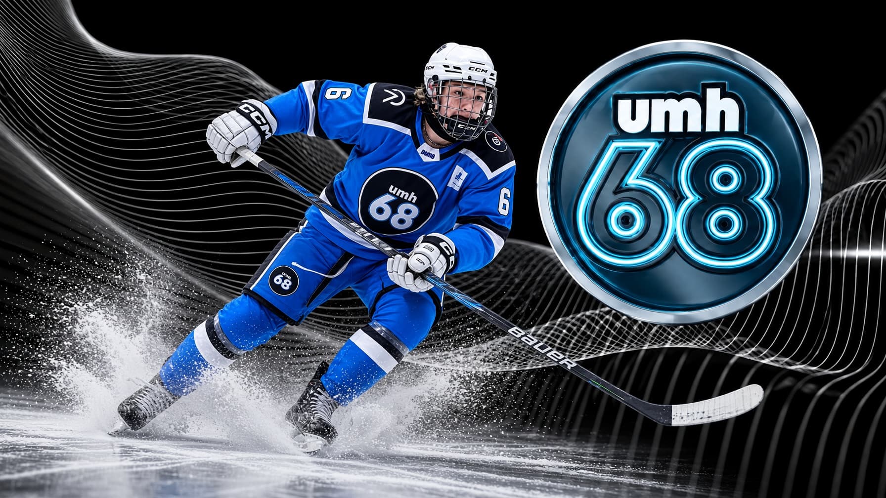 Hockey player in blue with a white helmet beside the UMH-68 badge